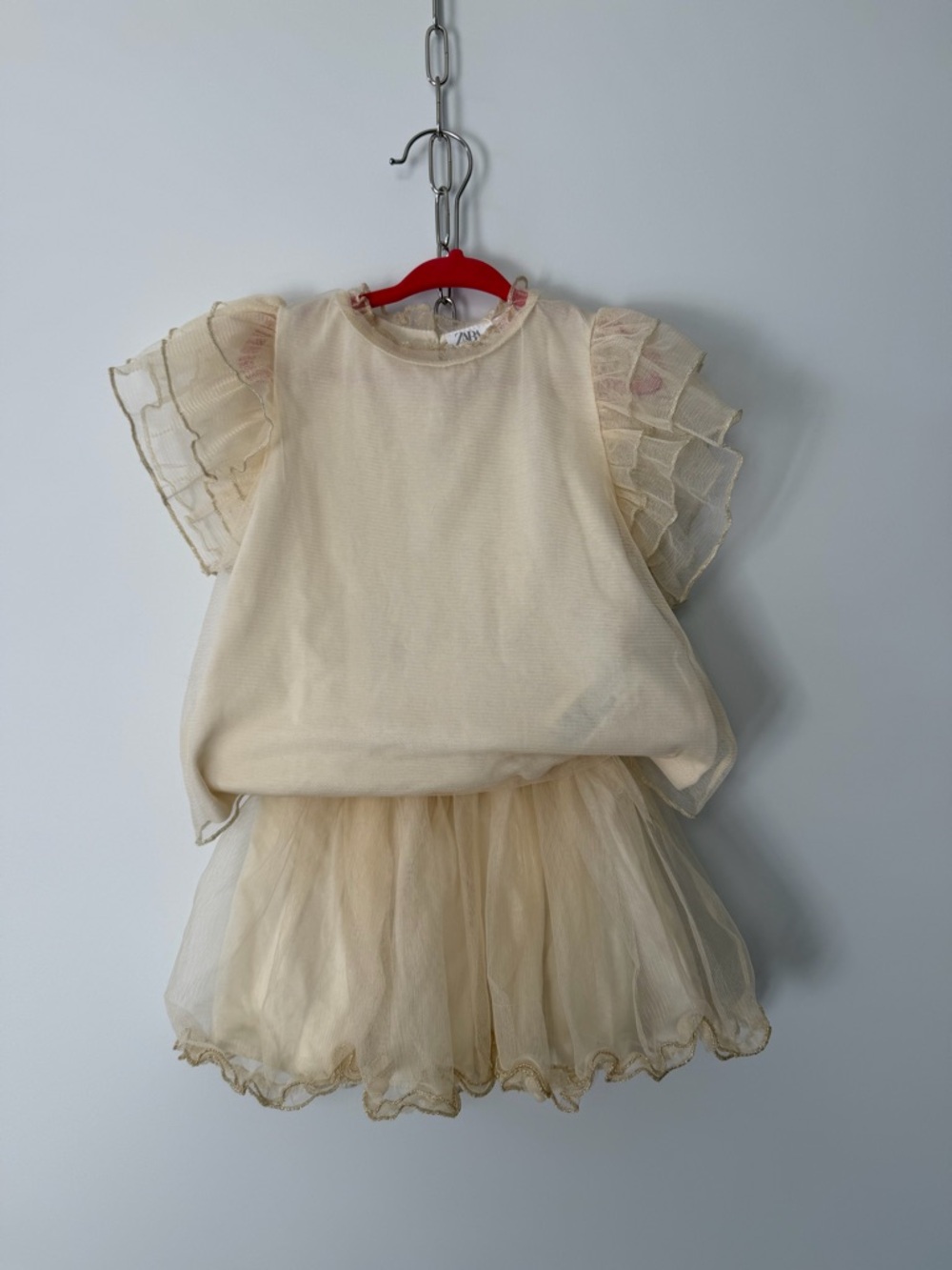 Cream Tulle Ruffle Sleeve Skirt Set